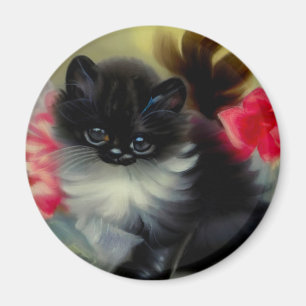 Vintage Black and White Kitten Painting Magnet