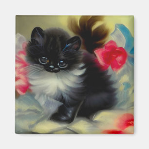 Vintage Black and White Kitten Painting Magnet