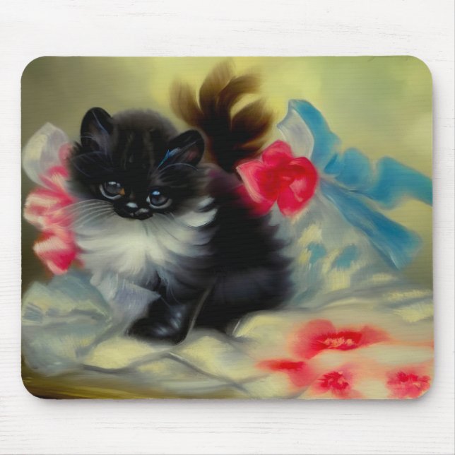 Vintage Black and White Kitten Painting Mouse Mat (Front)