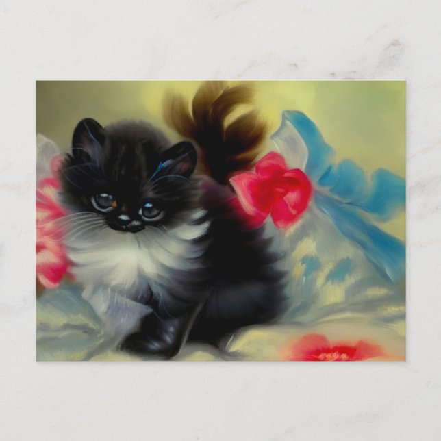 Vintage Black and White Kitten Painting Postcard (Front)