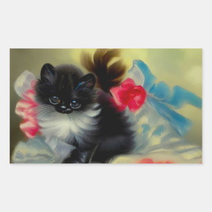 Vintage Black and White Kitten Painting Rectangular Sticker