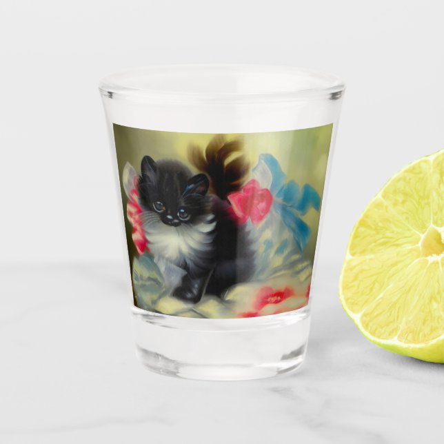 Vintage Black and White Kitten Painting Shot Glass (Front)