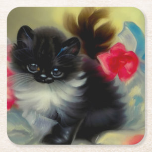 Vintage Black and White Kitten Painting Square Paper Coaster