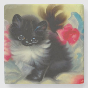 Vintage Black and White Kitten Painting Stone Coaster
