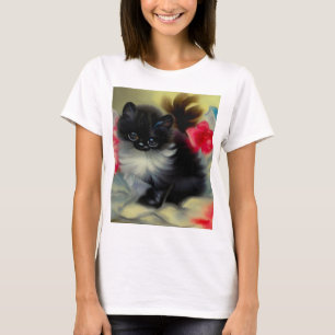 Vintage Black and White Kitten Painting T-Shirt