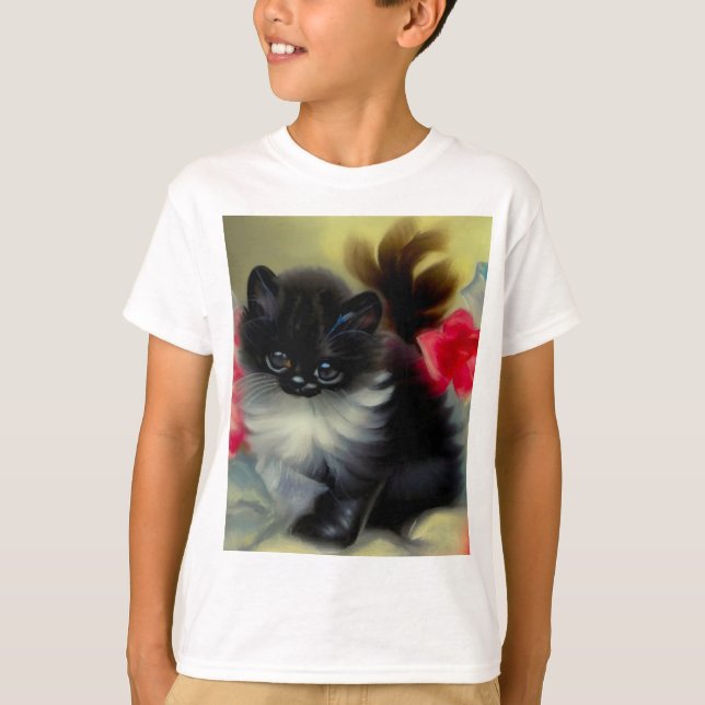 Vintage Black and White Kitten Painting T-Shirt (Front)