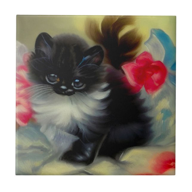 Vintage Black and White Kitten Painting Tile (Front)