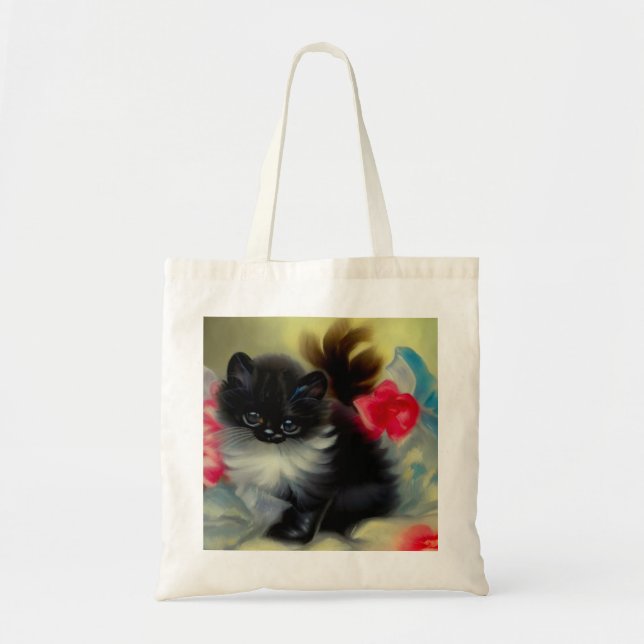 Vintage Black and White Kitten Painting Tote Bag (Front)
