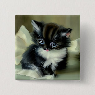 Vintage Black and White Kitten Tongue Sticking Out 15 Cm Square Badge