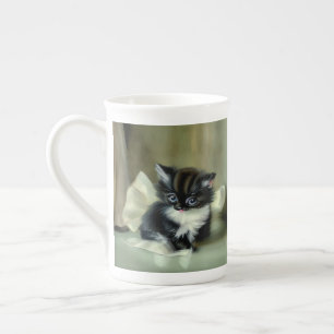 Vintage Black and White Kitten Tongue Sticking Out Bone China Mug