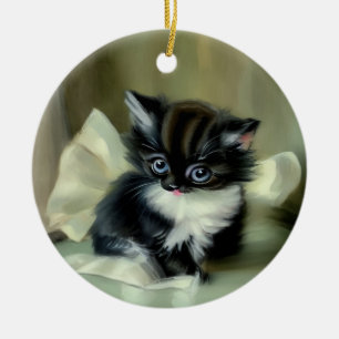 Vintage Black and White Kitten Tongue Sticking Out Ceramic Tree Decoration