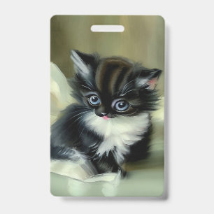 Vintage Black and White Kitten Tongue Sticking Out ID Badge