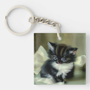 Vintage Black and White Kitten Tongue Sticking Out Key Ring