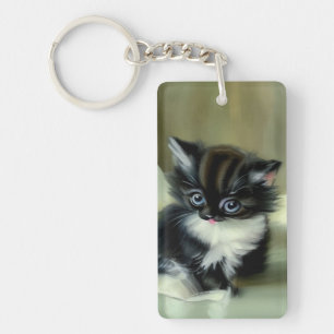 Vintage Black and White Kitten Tongue Sticking Out Key Ring