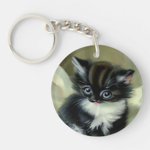 Vintage Black and White Kitten Tongue Sticking Out Key Ring