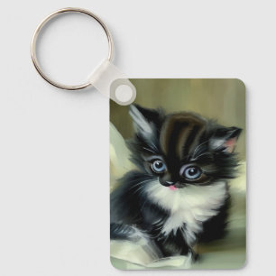 Vintage Black and White Kitten Tongue Sticking Out Key Ring