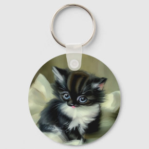 Vintage Black and White Kitten Tongue Sticking Out Key Ring