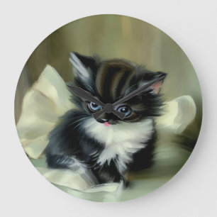 Vintage Black and White Kitten Tongue Sticking Out Large Clock