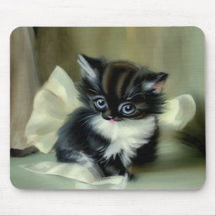 Vintage Black and White Kitten Tongue Sticking Out Mouse Mat