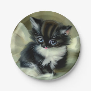 Vintage Black and White Kitten Tongue Sticking Out Paper Plate