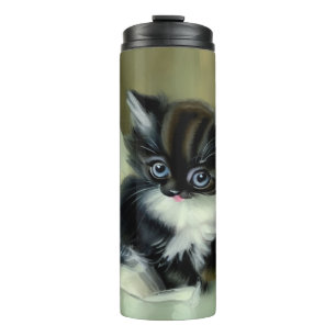 Vintage Black and White Kitten Tongue Sticking Out Thermal Tumbler