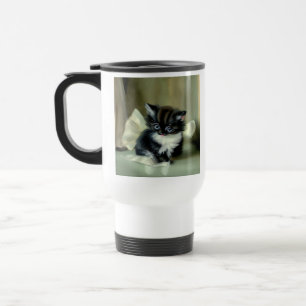 Vintage Black and White Kitten Tongue Sticking Out Travel Mug