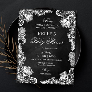 Vintage Black and white lace baby shower Invitation
