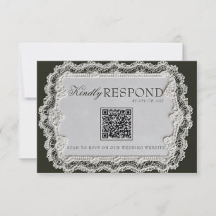 Vintage Black And White Lace Retro QR Code Wedding RSVP Card