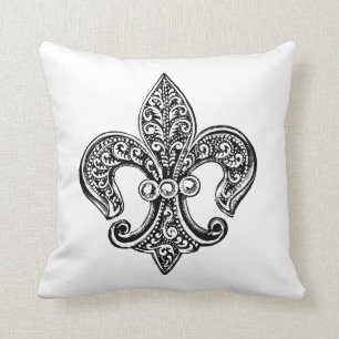 Vintage Black and White Lacy Fleur De Lis Cushion