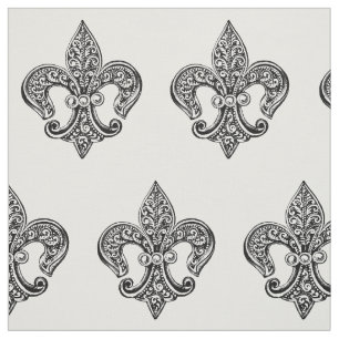 Vintage Black and White Lacy Fleur De Lis Fabric