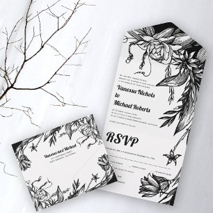 Vintage black and white line art flowers wedding all in one invitation