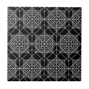 Vintage Black and White Linear Pattern - Black Tile