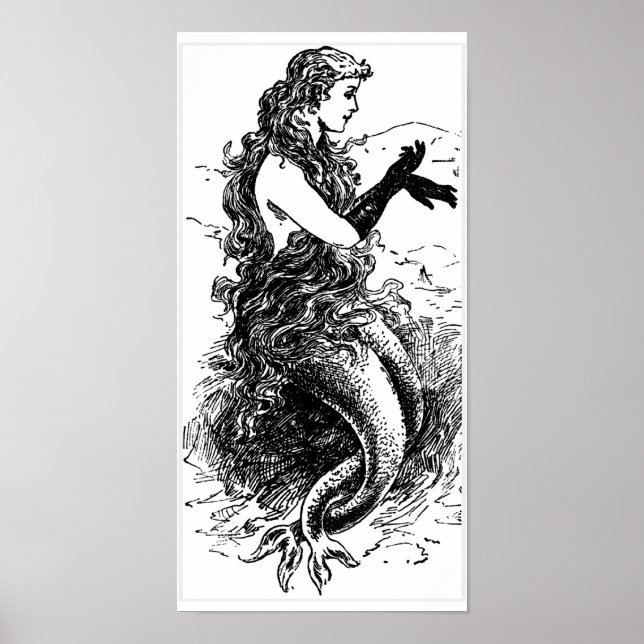 Vintage Black and White Mermaid Poster (Front)