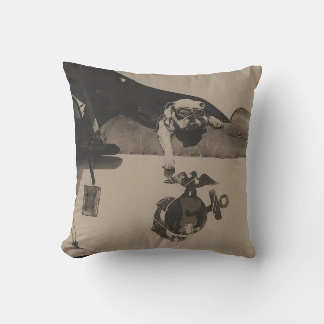 Vintage Black and White Military Bulldog Aviation Cushion (Front)