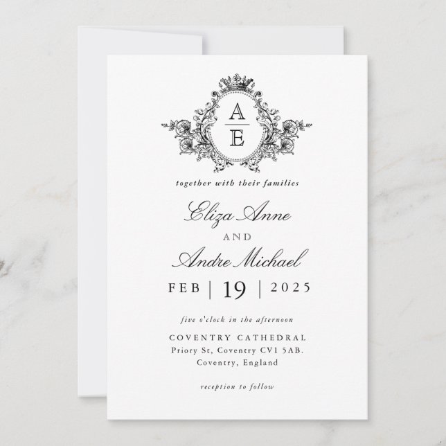 Vintage Black and White Monogram Wedding Invitation (Front)