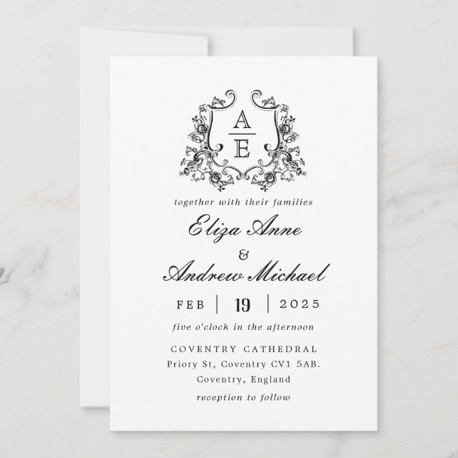Vintage Black and White  Monogram Wedding Invitation (Front)