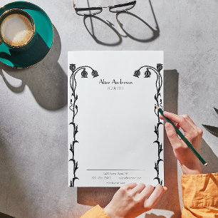 Vintage Black and White Nouveau Floral Wildflower Custom Letterhead