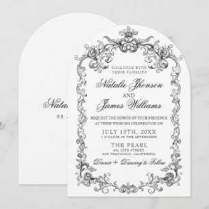 Vintage Black And White Old Money Arched Wedding Invitation