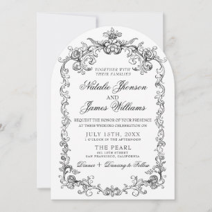 Vintage Black And White Old Money Arched Wedding Invitation