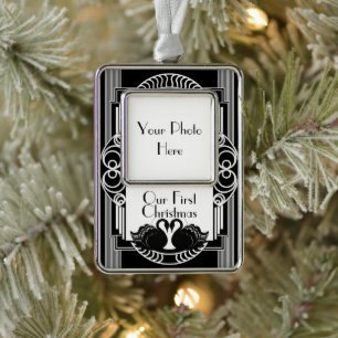 Vintage Black and White Parisian Art Deco Silver Plated Framed Ornament