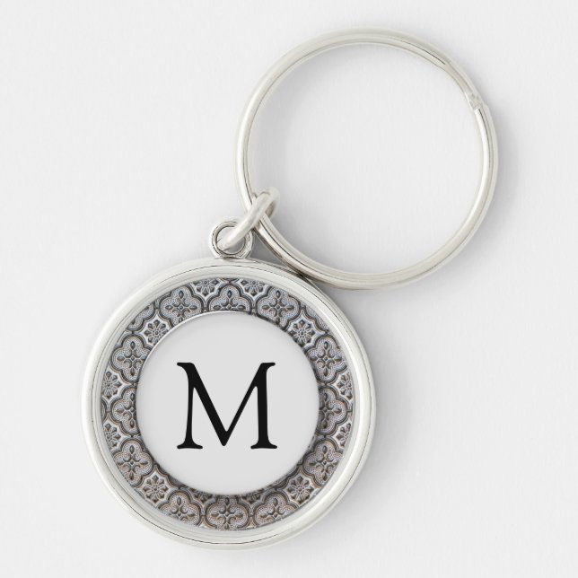 Vintage Black and White Pattern Monogram Key Ring (Front)
