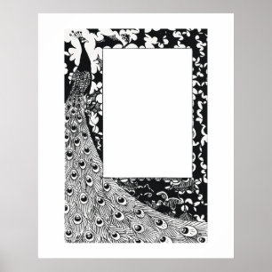 Vintage black and white peacock feather frame. poster