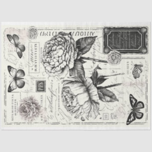 Vintage black and white peonies and butterfly tissue paper