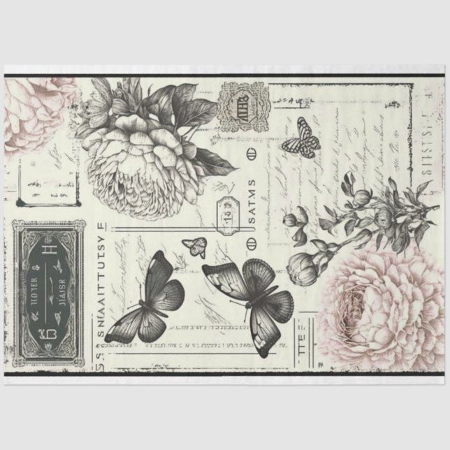 Vintage black and white peonies and butterfly tissue paper (Front)