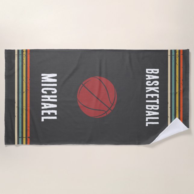 Vintage Black and White Personalised Basketball  Beach Towel (Front)
