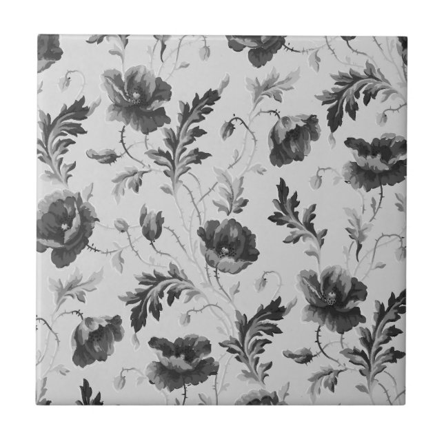 Vintage black and white poppies flower pattern  tile (Front)