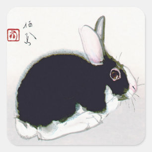 Vintage Black and White Rabbit, Japanese Art Square Sticker