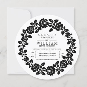 Vintage black and white rose wreath wedding invitation