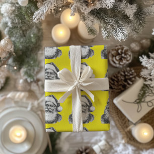 Vintage Black and White Santa Neon Yellow Wrapping Paper