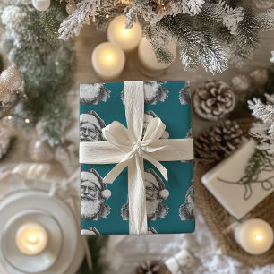 Vintage Black and White Santa Teal Wrapping Paper